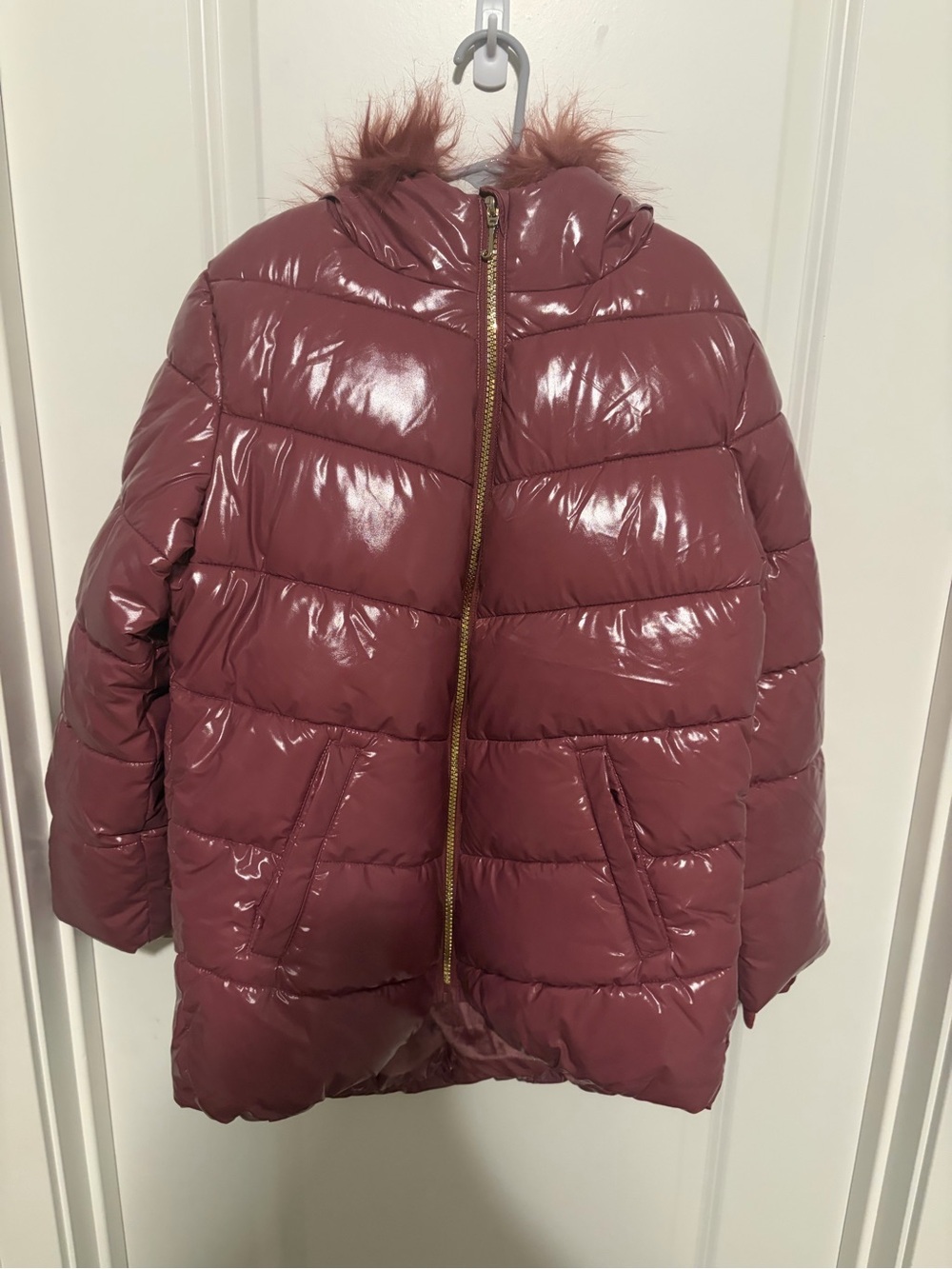 Juicy Couture Shiny Mauve Quilted Puffer with Faux Fur Hood